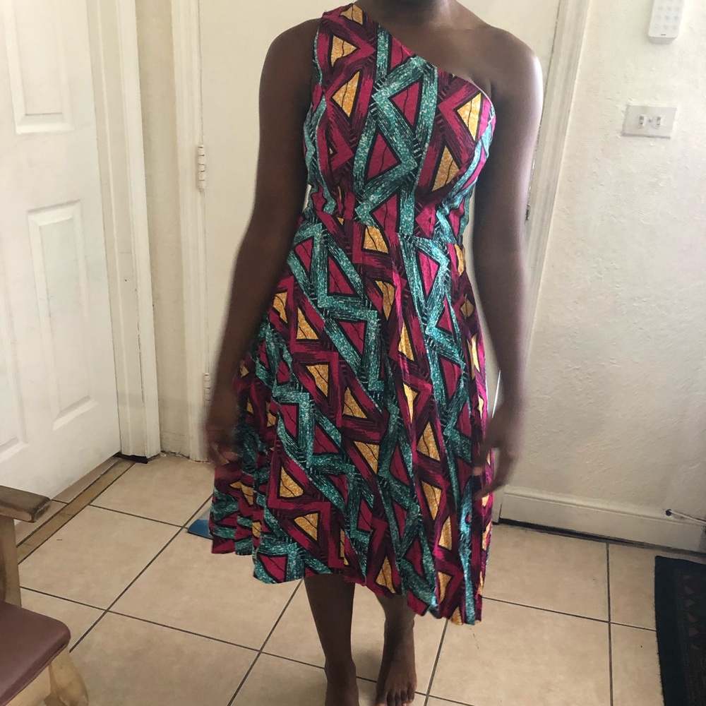 The multicolored African one shoulder dress